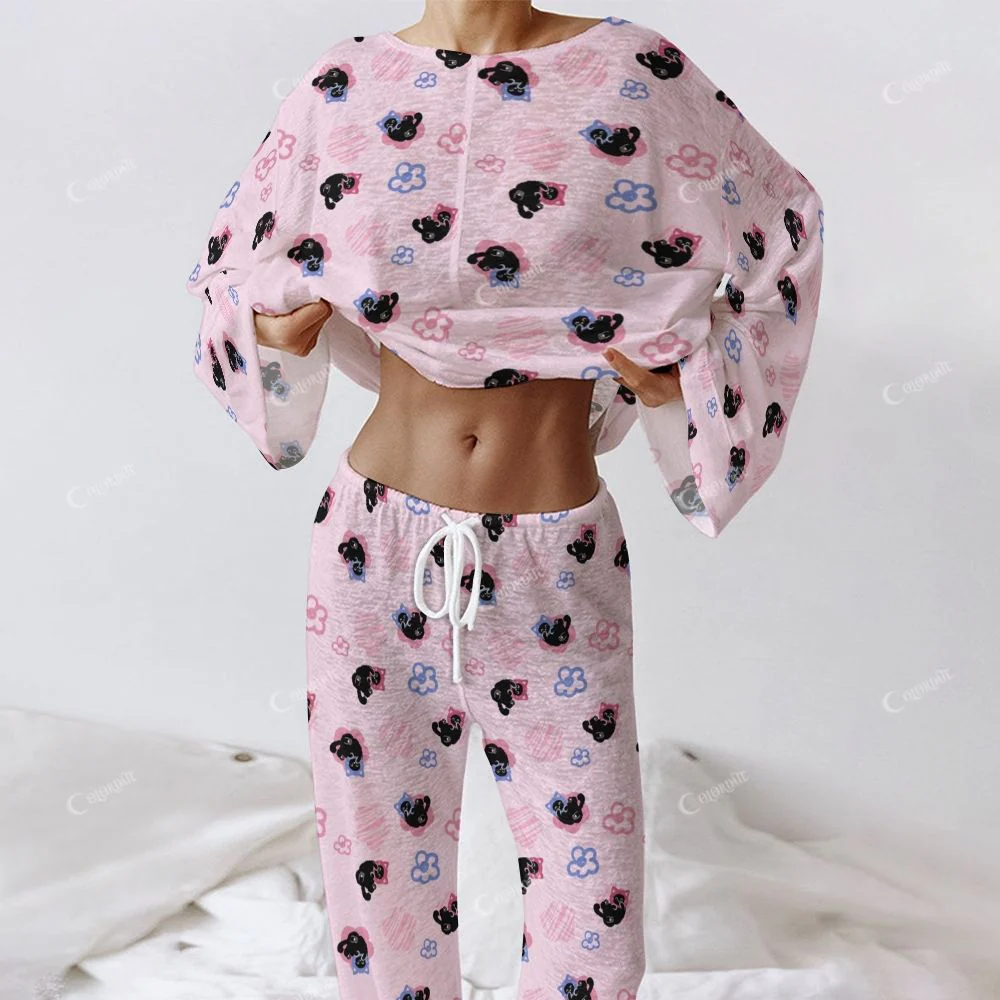 Colordate Women's Black Kitten Print Long Sleeve Cotton Homewear Set