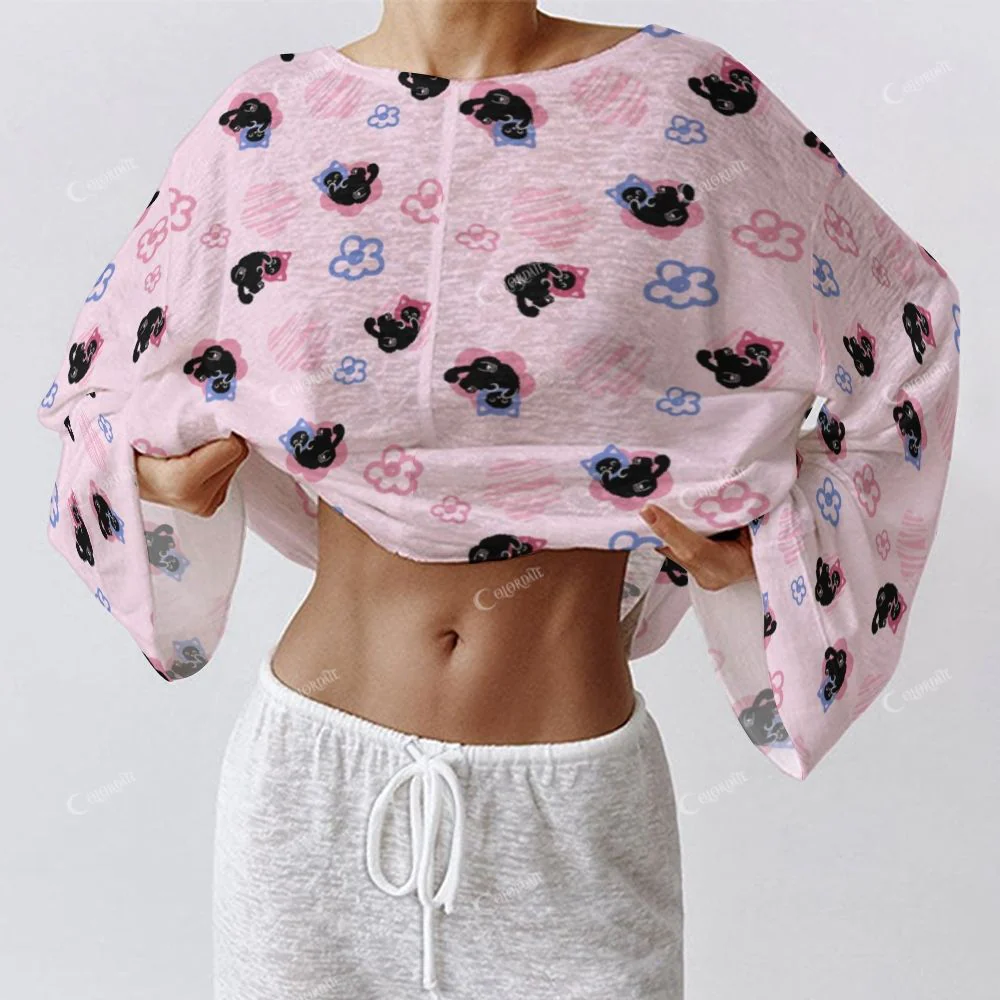 Colordate Women's Black Kitten Print Long Sleeve Cotton Homewear Set - Image 4