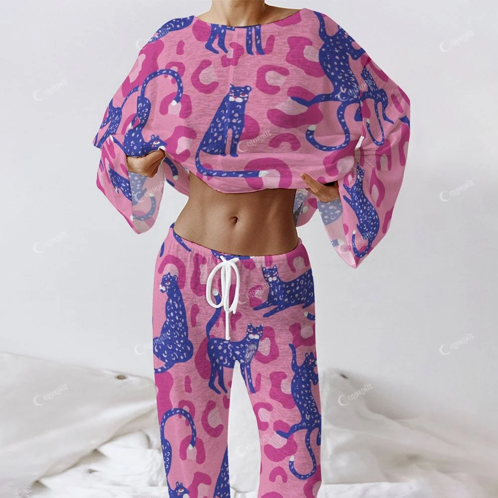 Colordate Women's Blue Leopard Print Long Sleeve Cotton Homewear Set