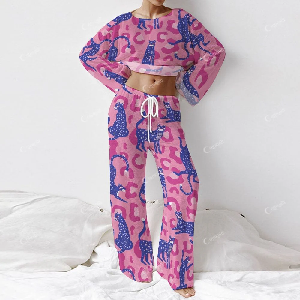 Colordate Women's Blue Leopard Print Long Sleeve Cotton Homewear Set - Image 2
