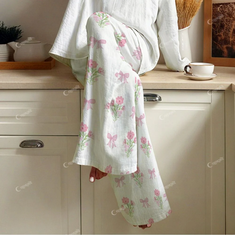 Colordate Love Whisper Women's Bows And Flowers Print Cotton Cardigan Homewear Set - Image 4