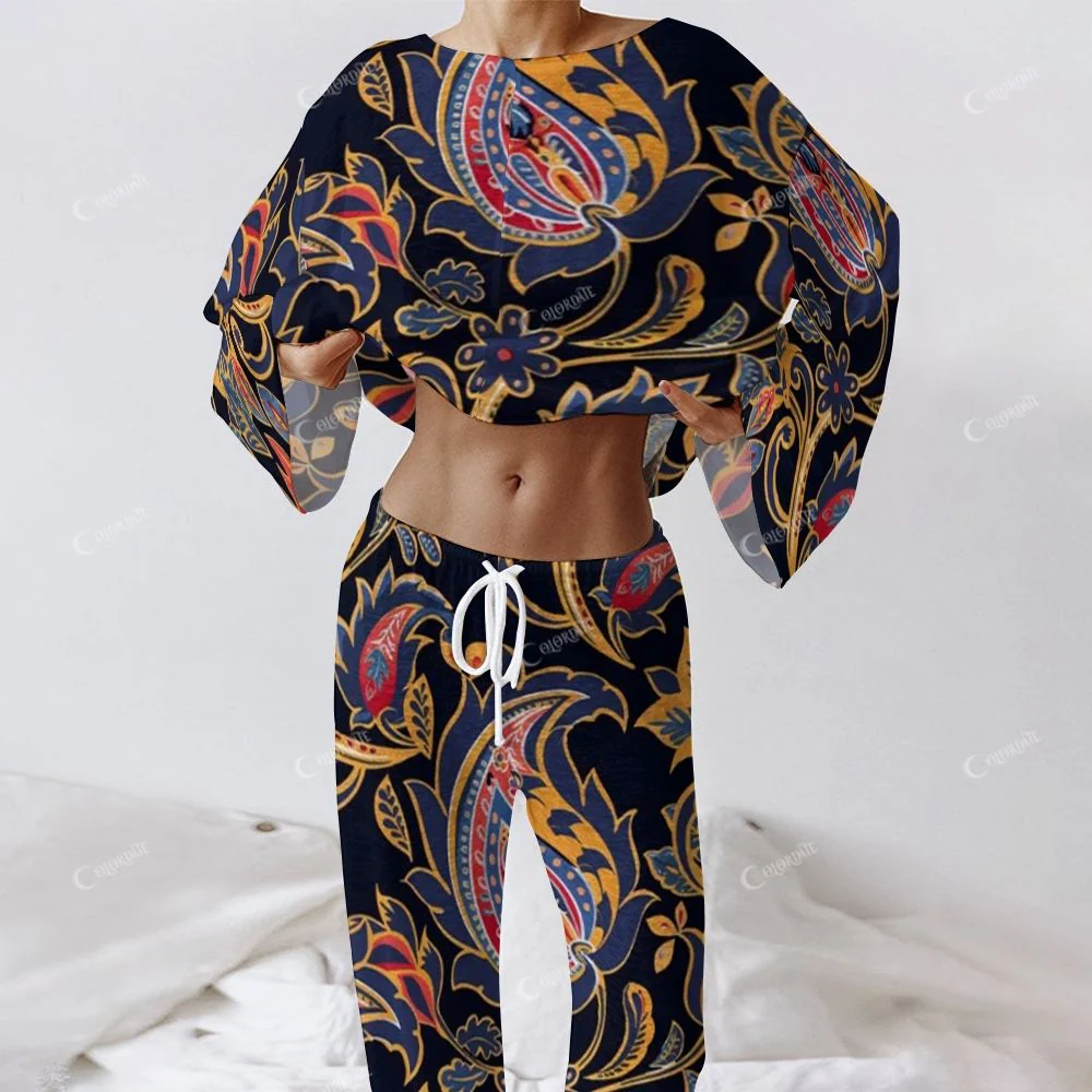 Colordate Women's Cashew Nut Pattern Print Long Sleeve Cotton Homewear Set