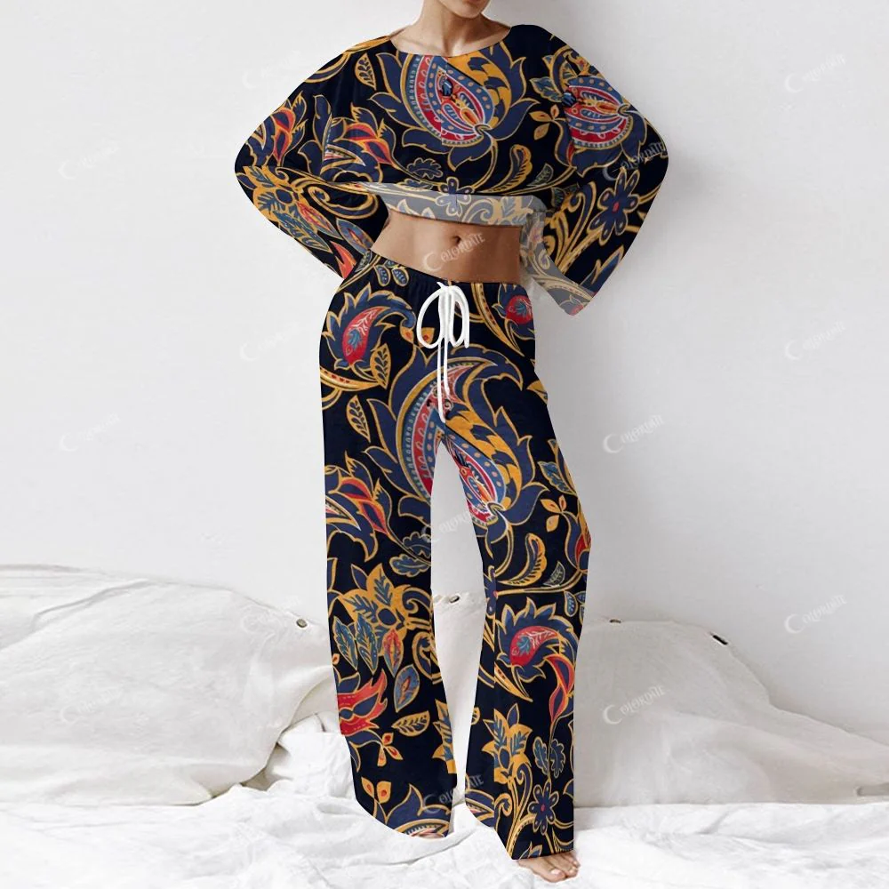 Colordate Women's Cashew Nut Pattern Print Long Sleeve Cotton Homewear Set - Image 2
