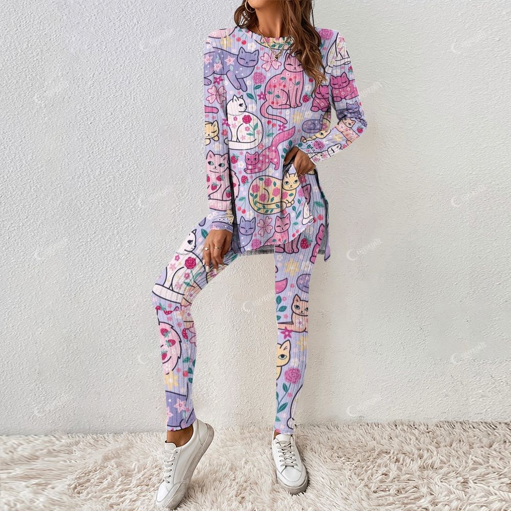 Colordate Women's Cat With Flower Print Long Sleeve Suit - Image 2