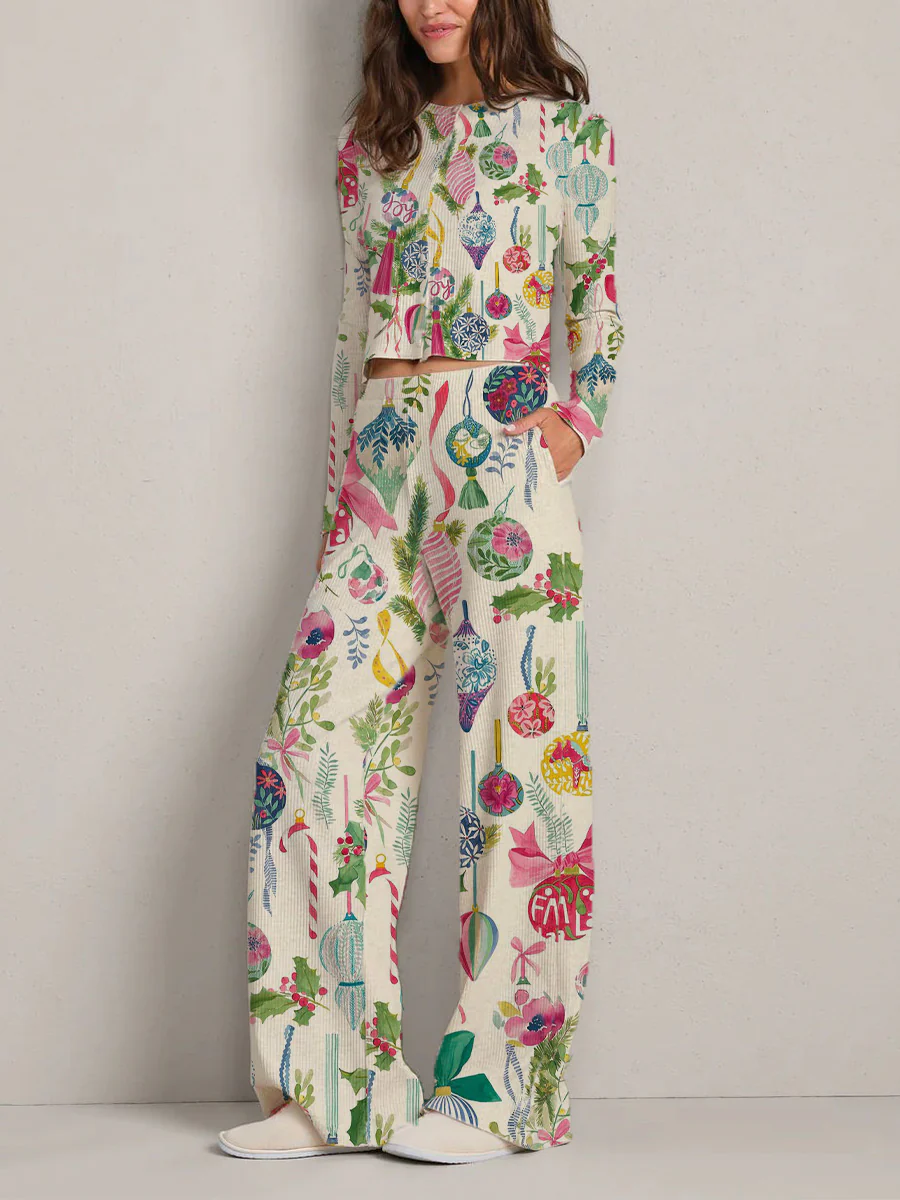 Colordate Women's Christmas Ornaments Print Long Sleeve Suit