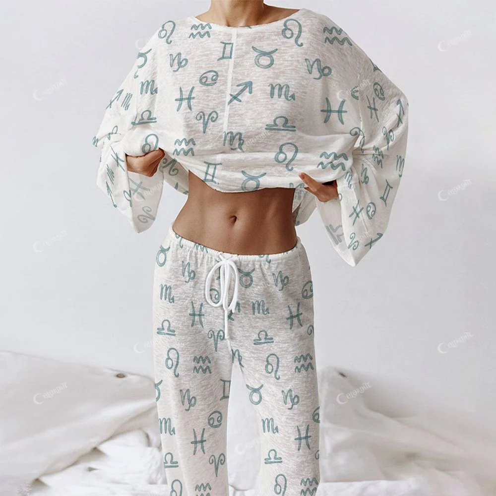 Colordate Women's Constellation Print Long Sleeve Cotton Homewear Set