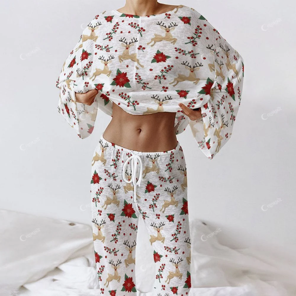 Colordate Women's Elk Print Long Sleeve Cotton Homewear Set