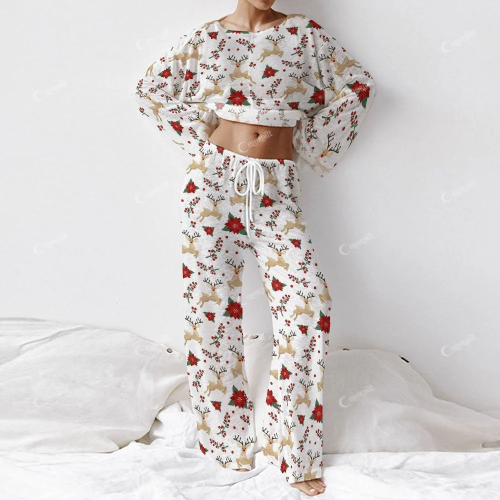 Colordate Women's Elk Print Long Sleeve Cotton Homewear Set - Image 2