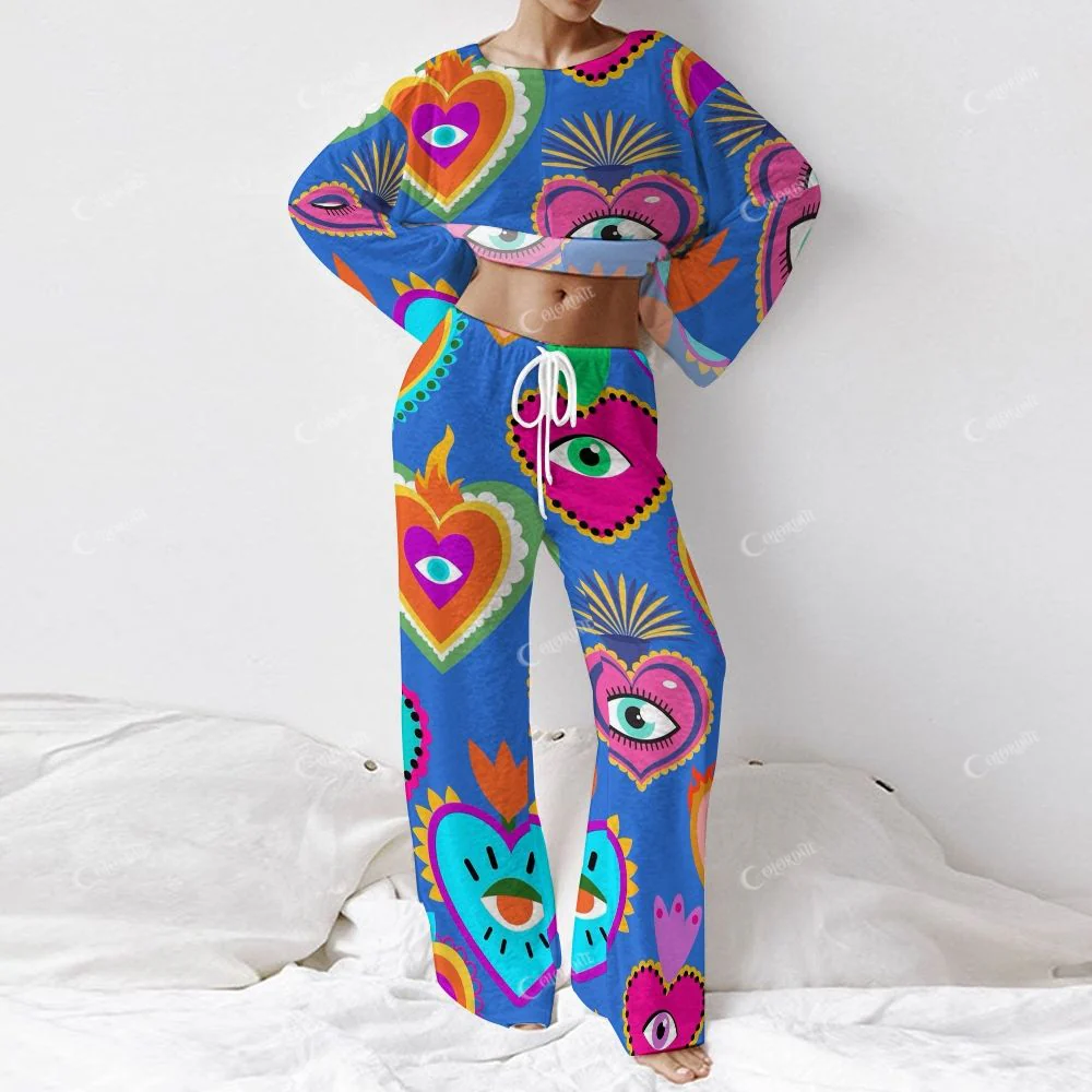 Colordate Women's Eyes And Love Print Long Sleeve Cotton Homewear Set - Image 2