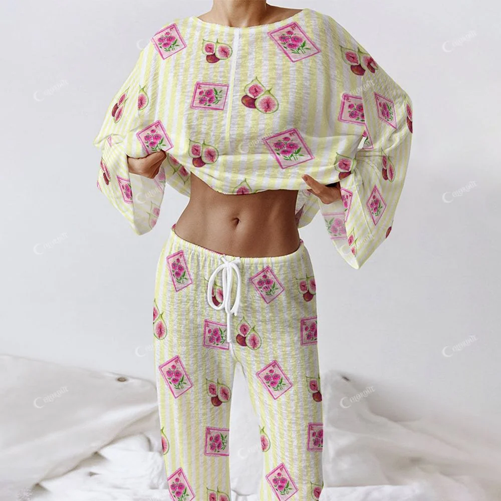 Colordate Women's FIG Print Long Sleeve Cotton Homewear Set