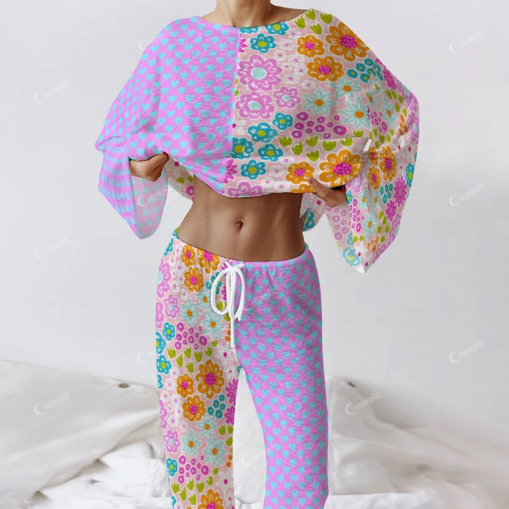 Colordate Women's Floral And Heart-Shaped Patchwork Prints Long Sleeve Cotton Homewear Set