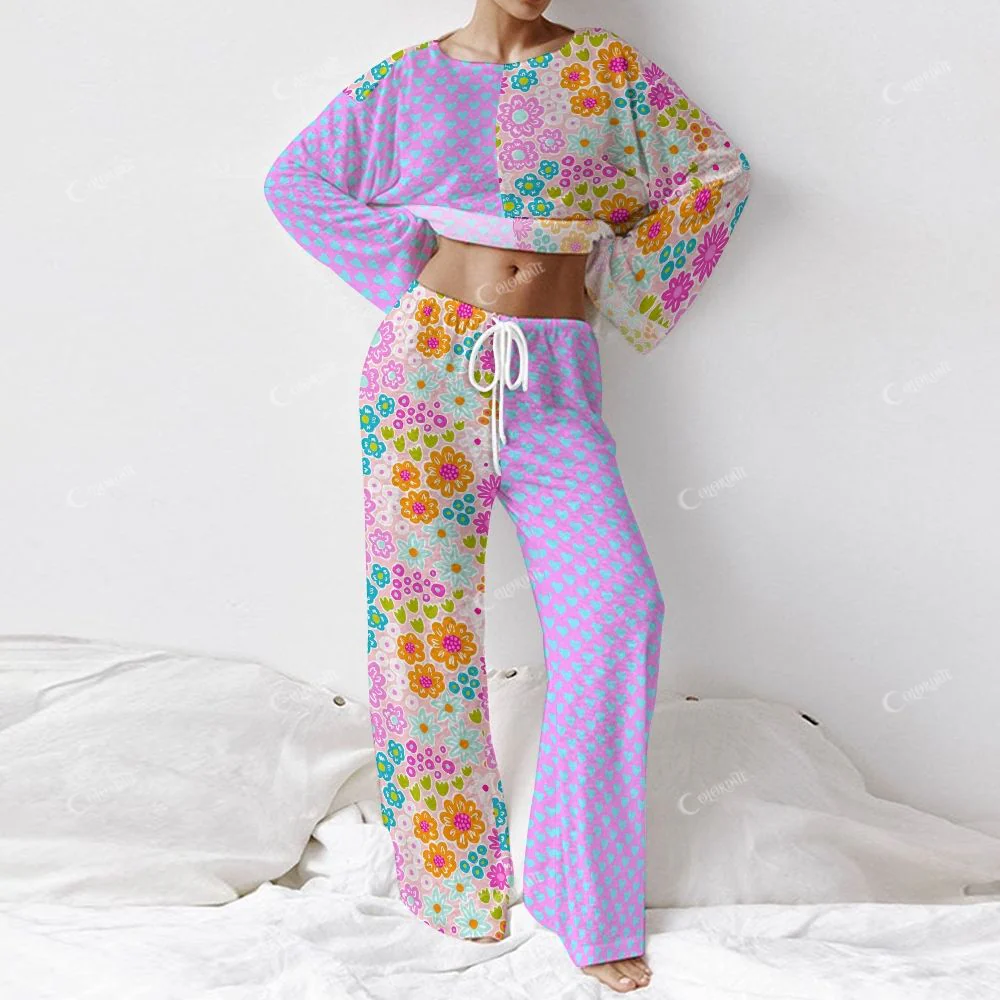Colordate Women's Floral And Heart-Shaped Patchwork Prints Long Sleeve Cotton Homewear Set - Image 2