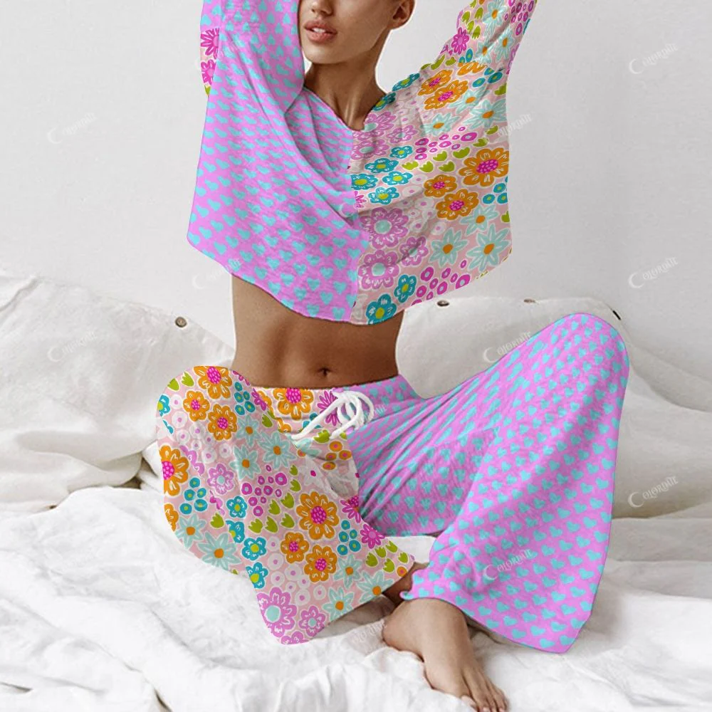 Colordate Women's Floral And Heart-Shaped Patchwork Prints Long Sleeve Cotton Homewear Set - Image 3