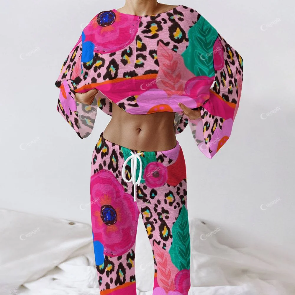 Colordate Women's Floral And Leopard Print Long Sleeve Cotton Homewear Set