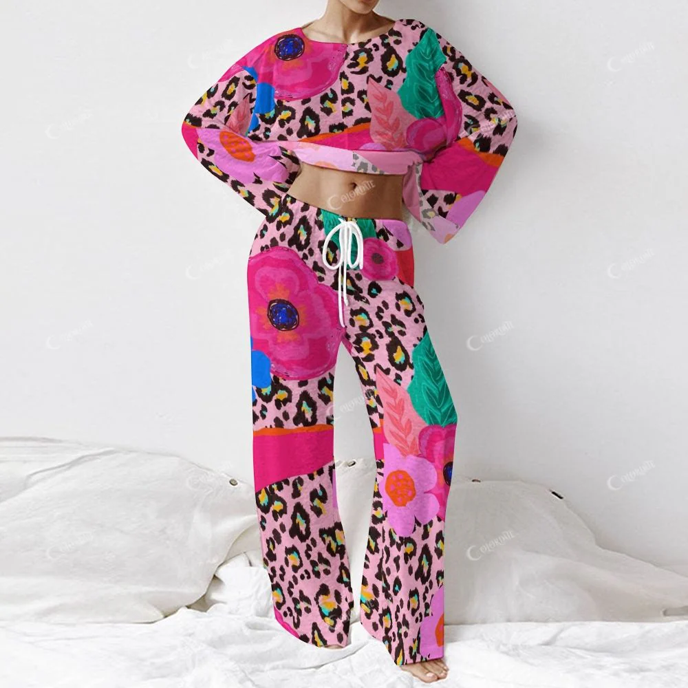 Colordate Women's Floral And Leopard Print Long Sleeve Cotton Homewear Set - Image 2