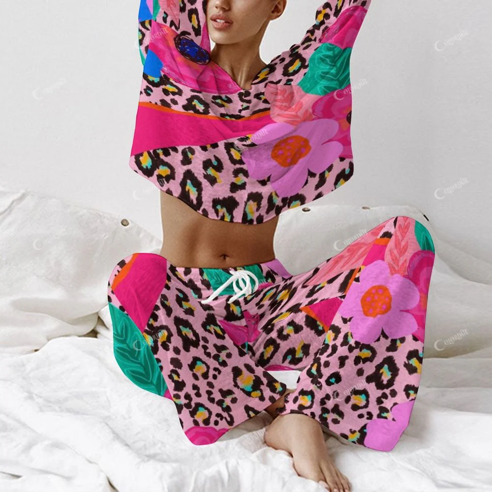 Colordate Women's Floral And Leopard Print Long Sleeve Cotton Homewear Set - Image 3