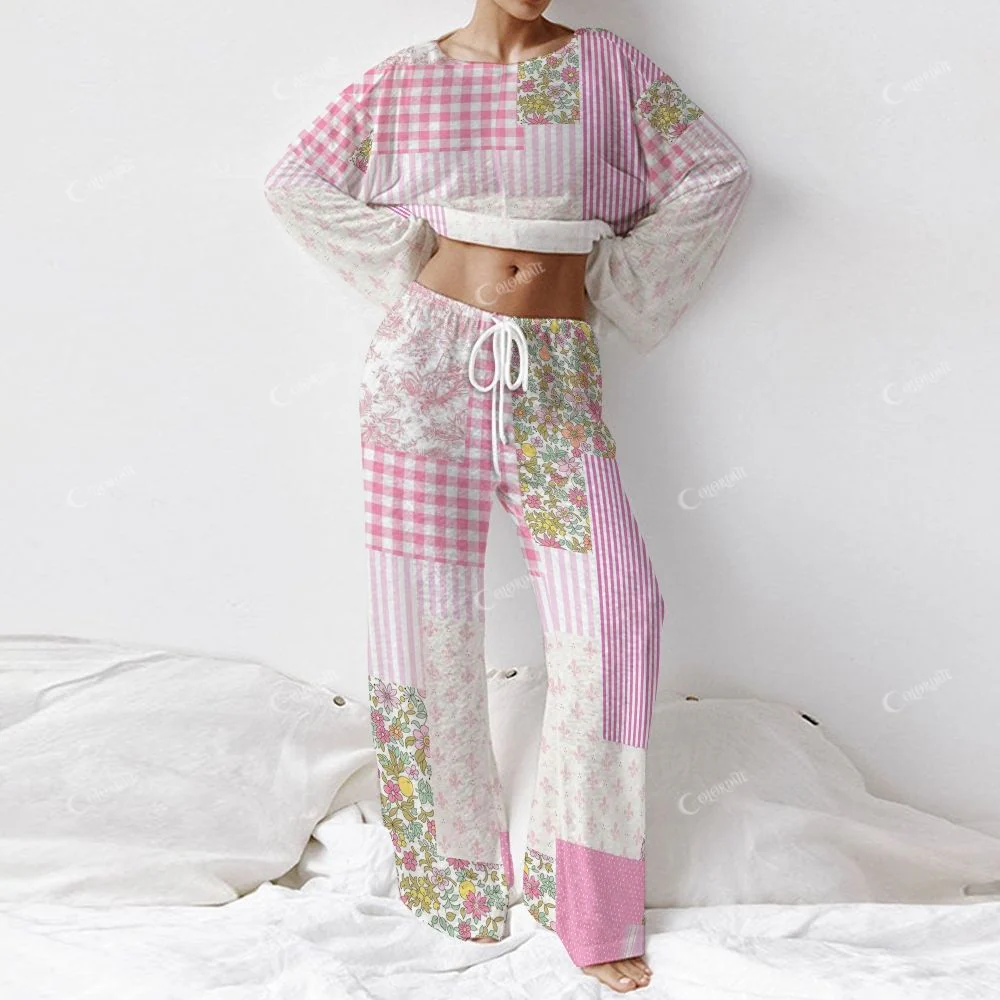 Colordate Women's Floral Checkered Patchwork Print Long Sleeve Cotton Homewear Set - Image 2