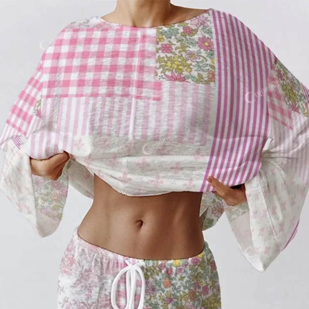 Colordate Women's Floral Checkered Patchwork Print Long Sleeve Cotton Homewear Set - Image 6