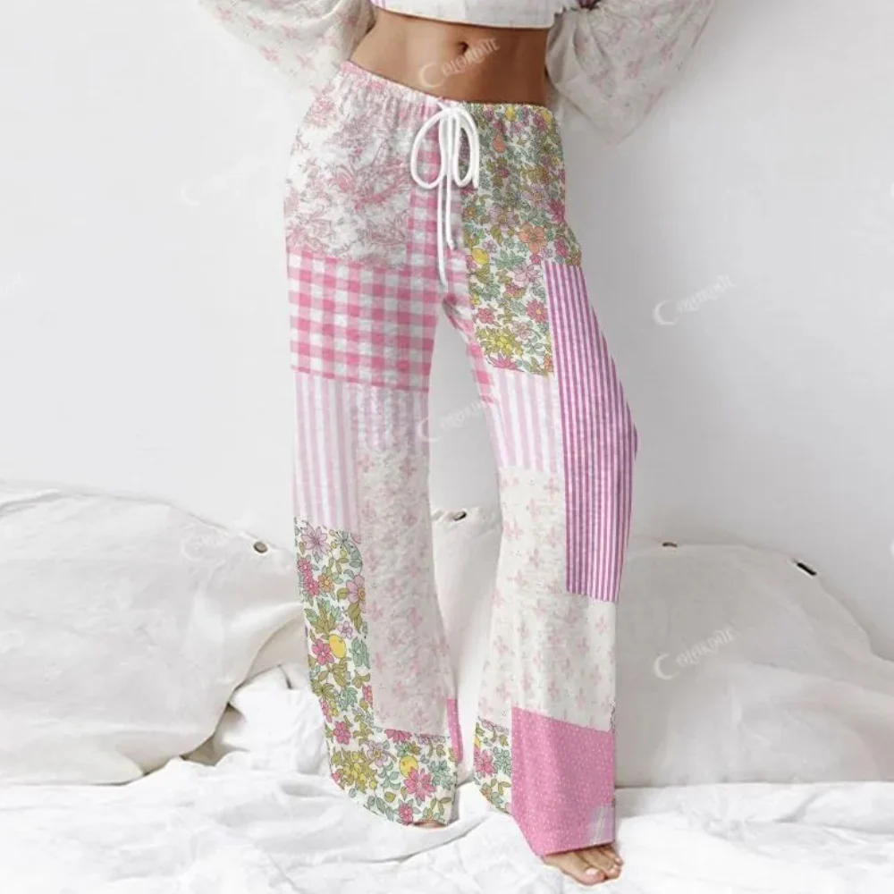 Colordate Women's Floral Checkered Patchwork Print Long Sleeve Cotton Homewear Set - Image 7