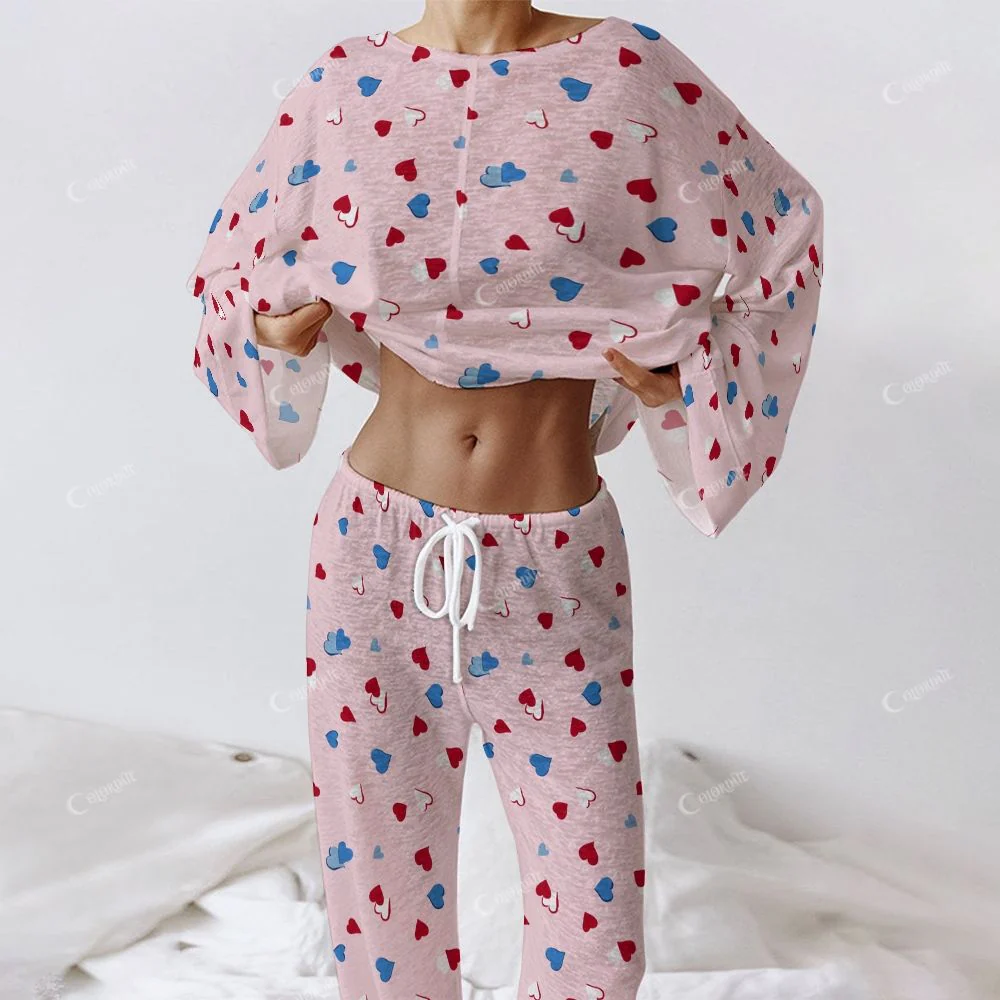 Colordate Women's Heart Print Long Sleeve Cotton Homewear Set
