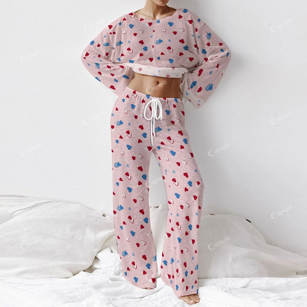 Colordate Women's Heart Print Long Sleeve Cotton Homewear Set - Image 2