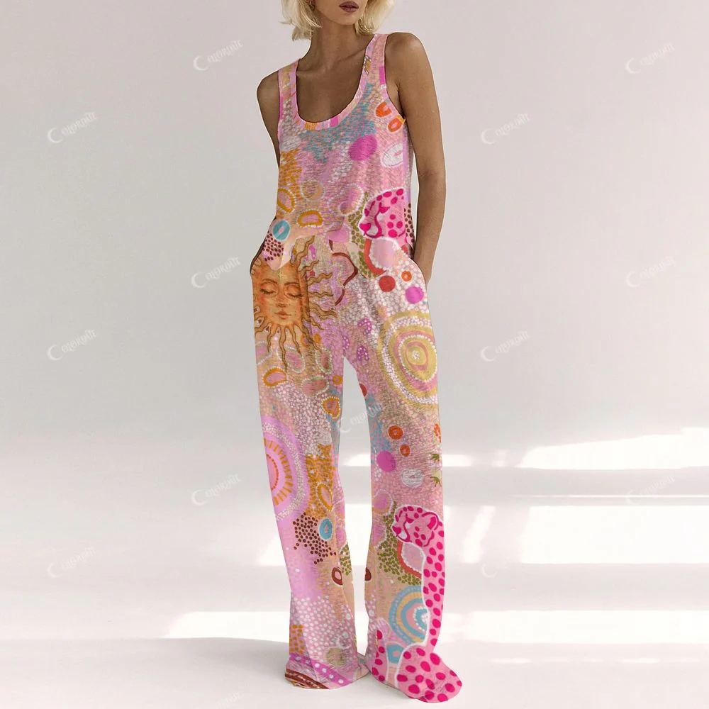 Colordate Women's Leopard And Man Face Sun Pattern Print Vest and Pants Set