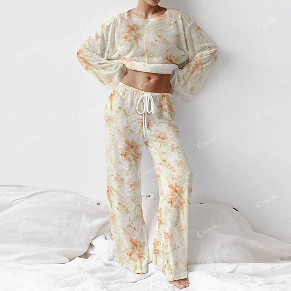 Colordate Women's Orange Flowers Long Sleeve Cotton Homewear Set - Image 2