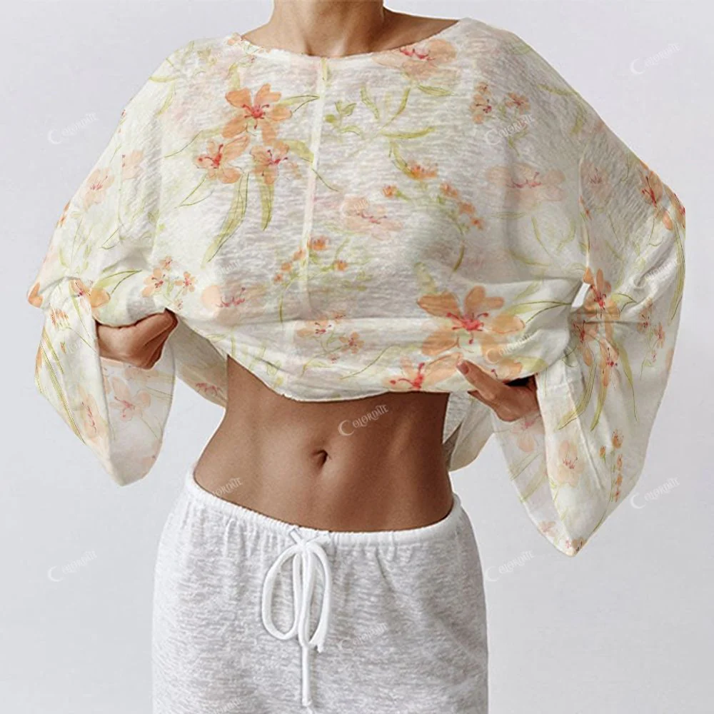 Colordate Women's Orange Flowers Long Sleeve Cotton Homewear Set - Image 4