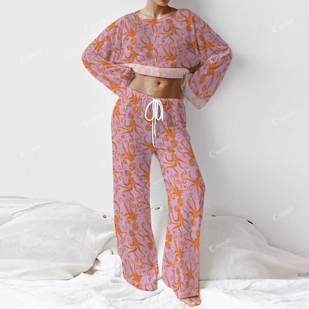 Colordate Women's Orange Octopus Print Long Sleeve Cotton Homewear Set - Image 2