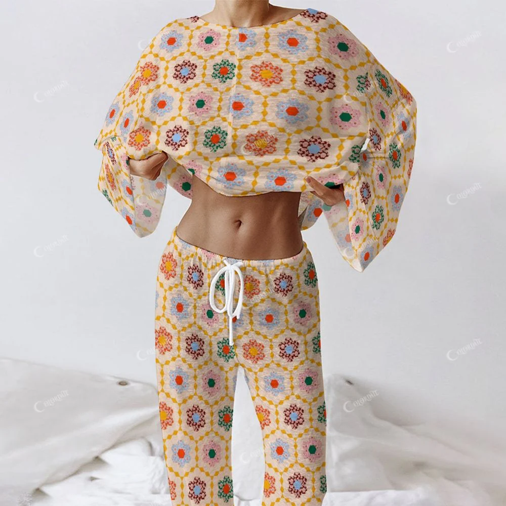 Colordate Women's Pattern Printing Long Sleeve Cotton Homewear Set