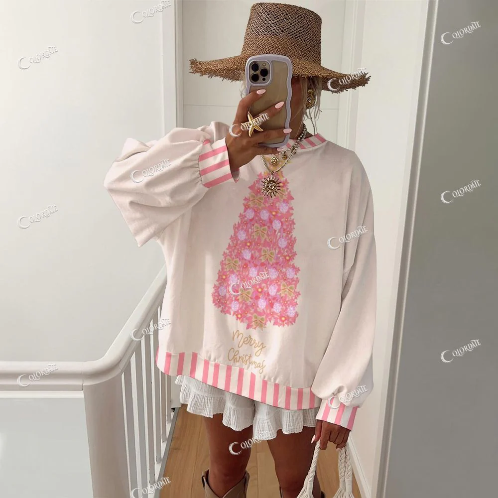 Colordate Women's Pink Christmas Tree Print Casual Crew Neck Sweatshirt