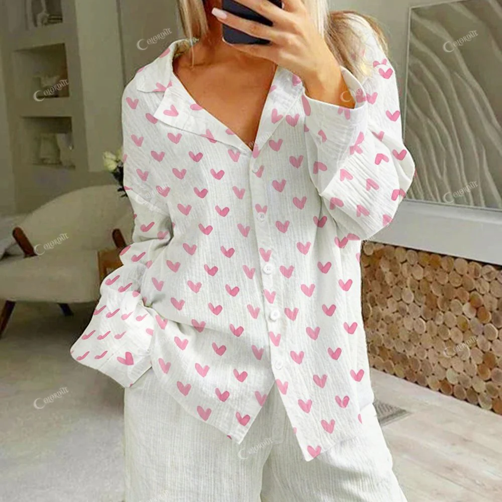 Colordate Sweetheart Dreams Women's Pink Heart Print Cotton Cardigan Homewear Set - Image 5