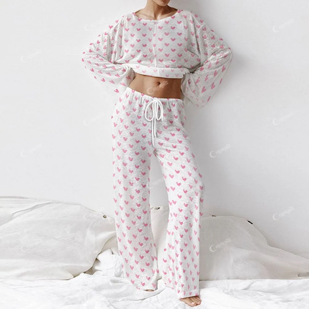 Colordate Sweetheart Dreams Women's Pink Heart Print Long Sleeve Cotton Homewear Set - Image 2