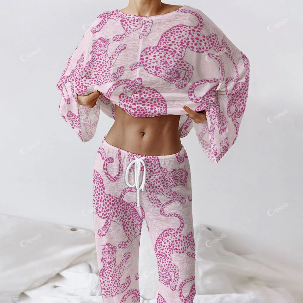 Colordate Women's Pink Leopard Print Long Sleeve Homewear Set