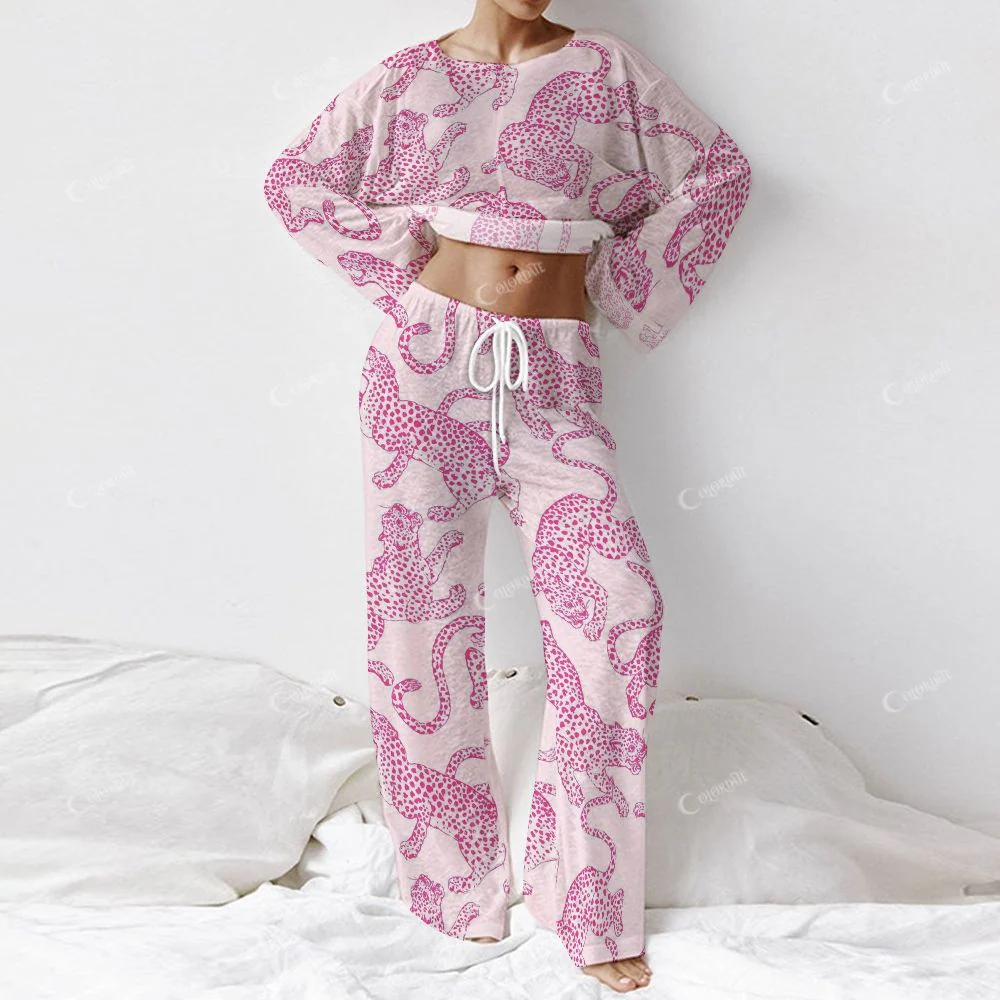 Colordate Women's Pink Leopard Print Long Sleeve Homewear Set - Image 2