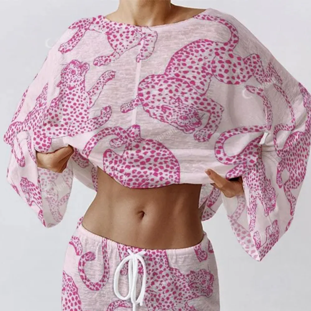 Colordate Women's Pink Leopard Print Long Sleeve Homewear Set - Image 4