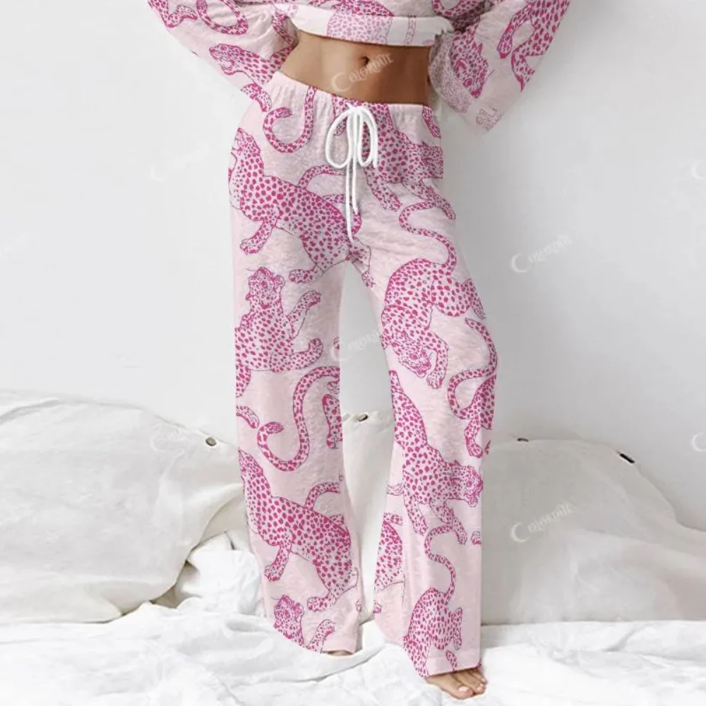Colordate Women's Pink Leopard Print Long Sleeve Homewear Set - Image 5