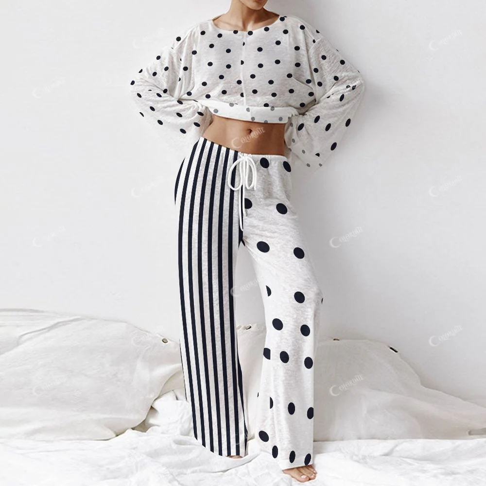 Colordate Women's Polka Dot And Striped Prints Long Sleeve Cotton Homewear Set - Image 2