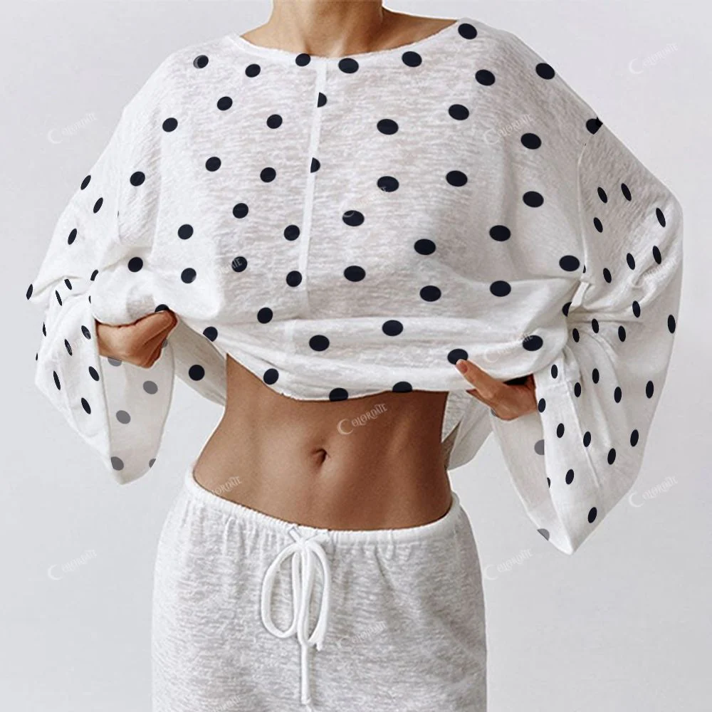 Colordate Women's Polka Dot And Striped Prints Long Sleeve Cotton Homewear Set - Image 4