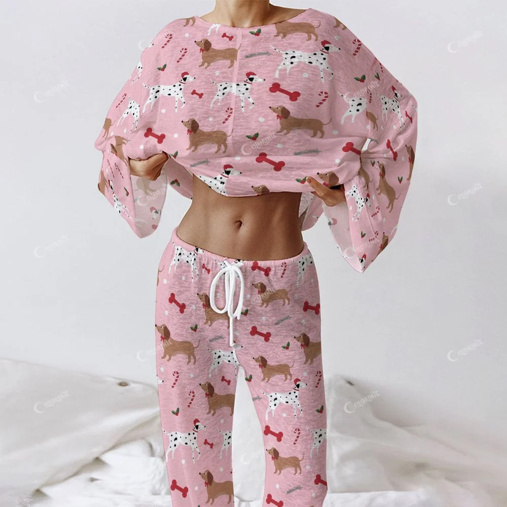 Colordate Women's Puppy Print Long Sleeve Homewear Set