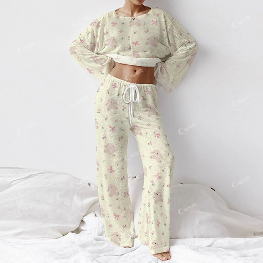 Colordate Women's Rabbit Dolls And Bow Print Long Sleeve Cotton Homewear Set - Image 2