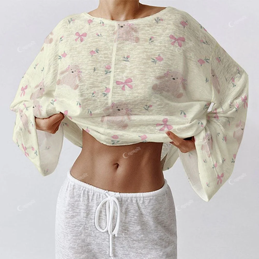 Colordate Women's Rabbit Dolls And Bow Print Long Sleeve Cotton Homewear Set - Image 4
