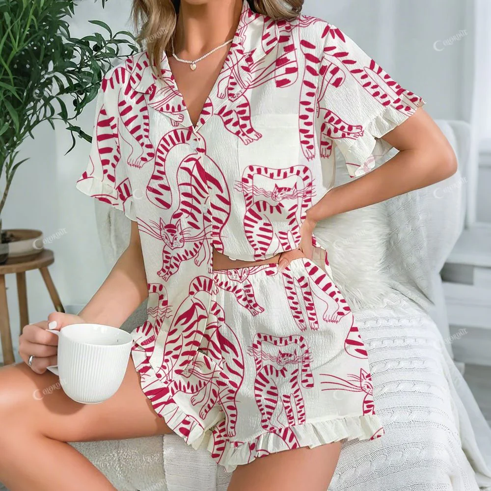 Colordate Women's Red Line Kitten Printed Short Suit