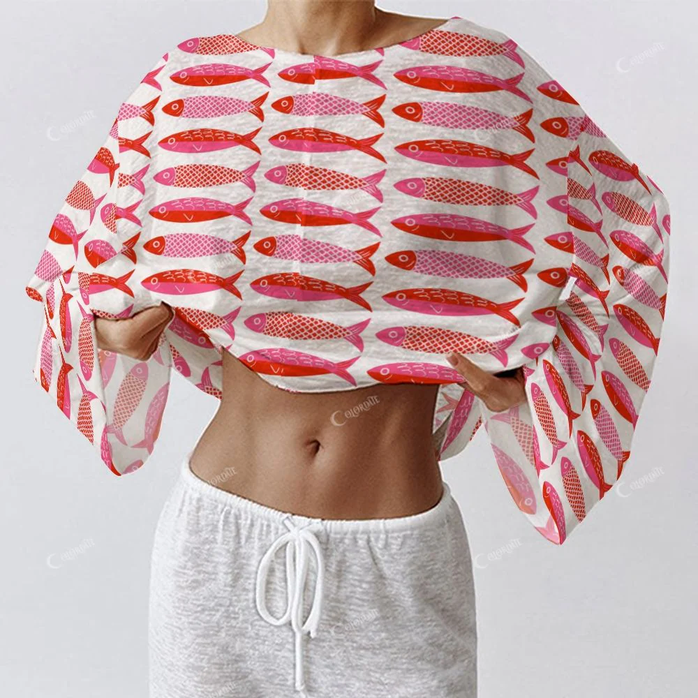 Colordate Women's Red Small Fish Print Long Sleeve Cotton Homewear Set - Image 4