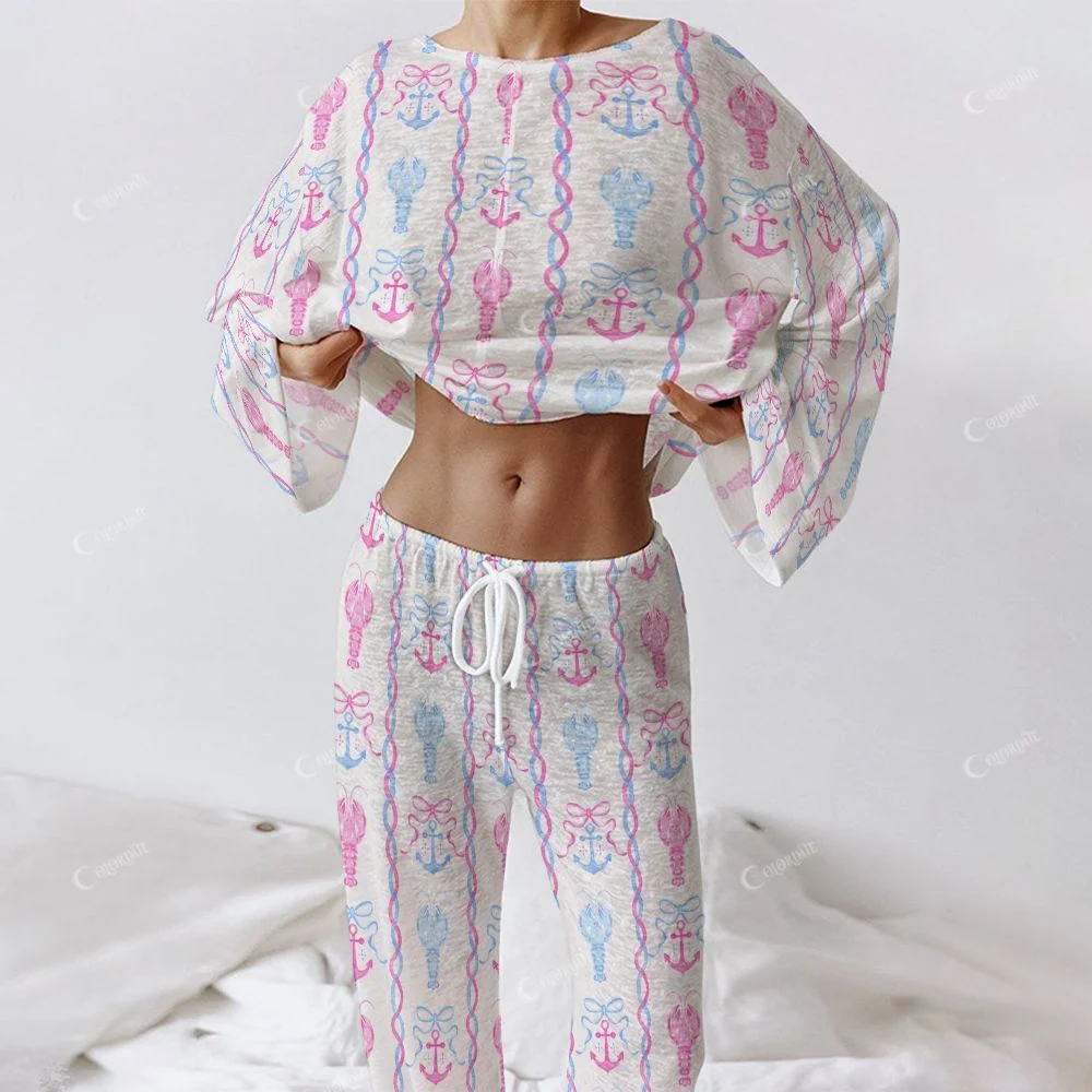 Colordate Women's Shrimp Print Long Sleeve Cotton Homewear Set