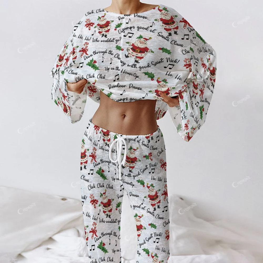Colordate Women's Singing Santa Claus Pattern Print Long Sleeve Cotton Homewear Set