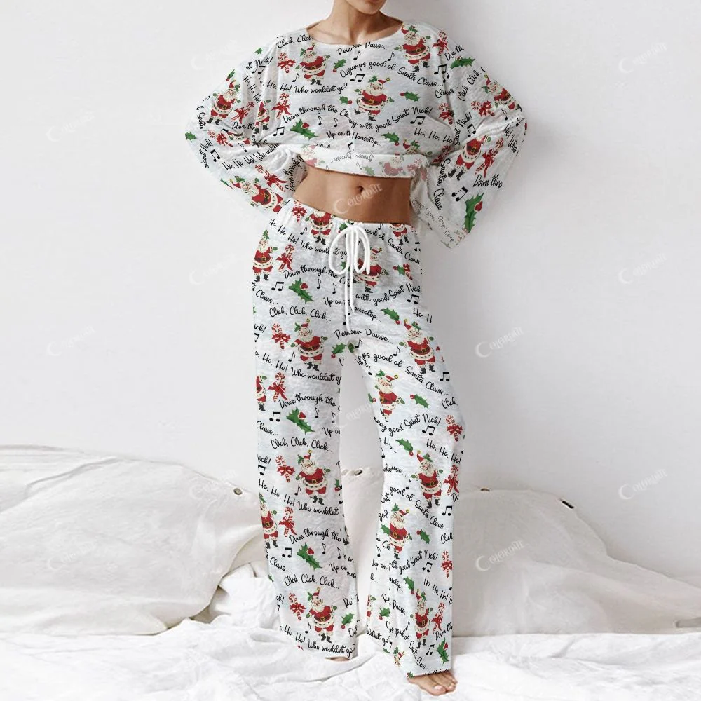Colordate Women's Singing Santa Claus Pattern Print Long Sleeve Cotton Homewear Set - Image 2