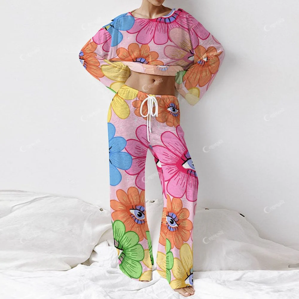 Colordate Women's Sunflower With Eye Print Long Sleeve Cotton Homewear Set - Image 2