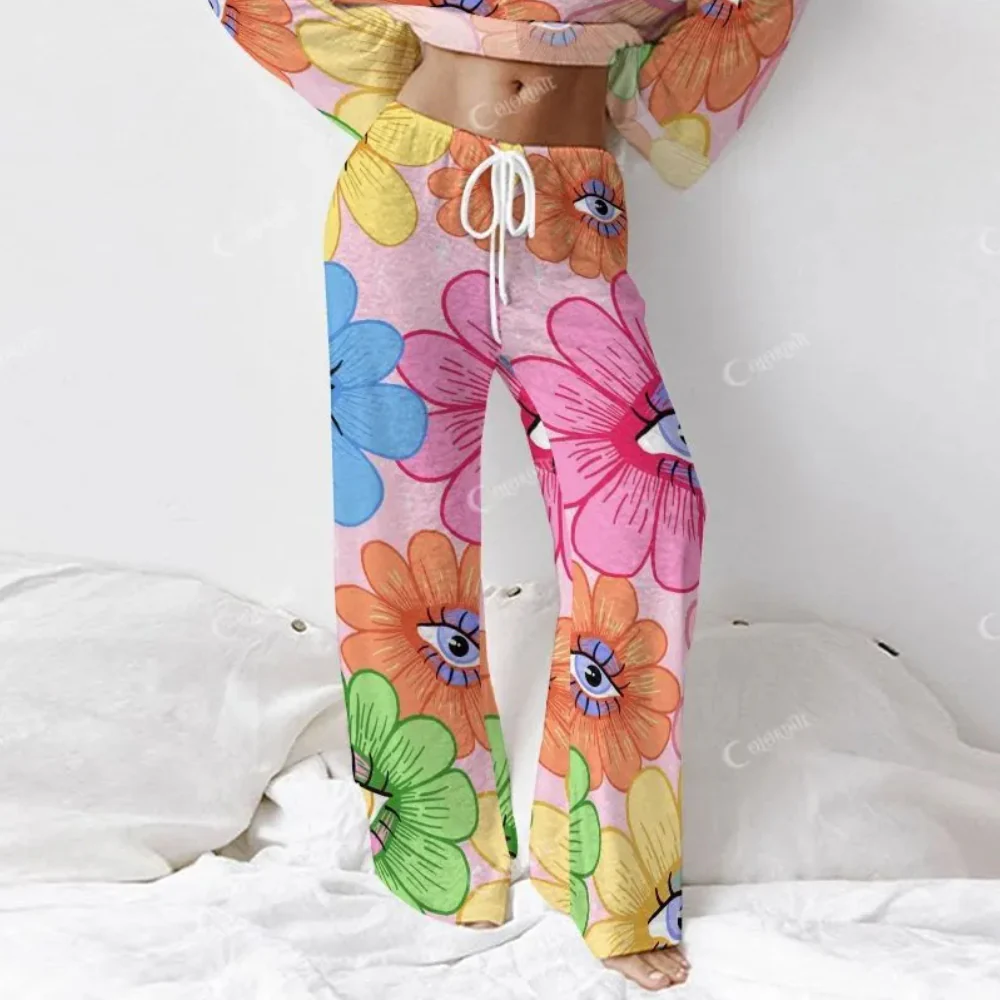 Colordate Women's Sunflower With Eye Print Long Sleeve Cotton Homewear Set - Image 5
