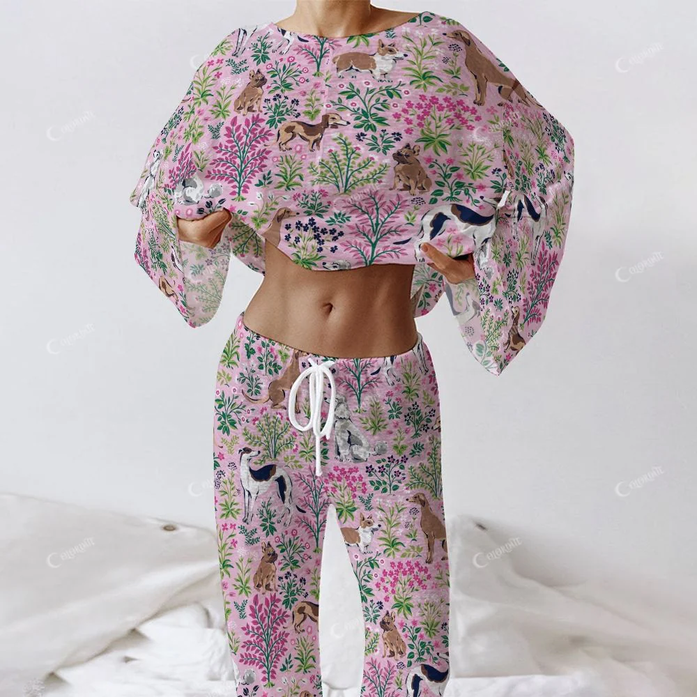 Colordate Women's The Puppy And The Print Long Sleeve Cotton Homewear Set